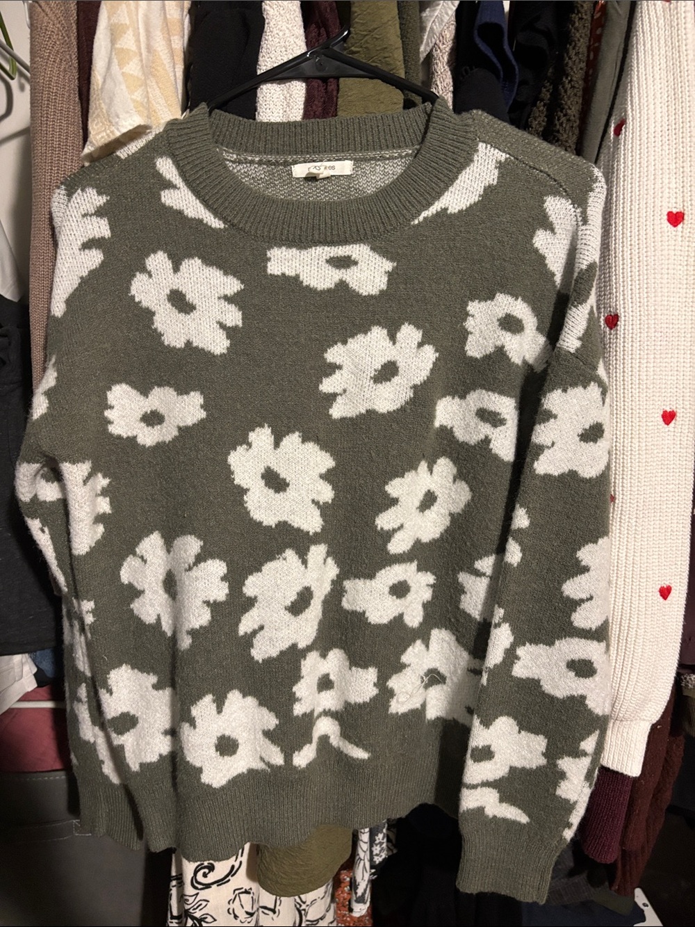 Maurices Olive Green Crewneck Sweater with White Floral Print